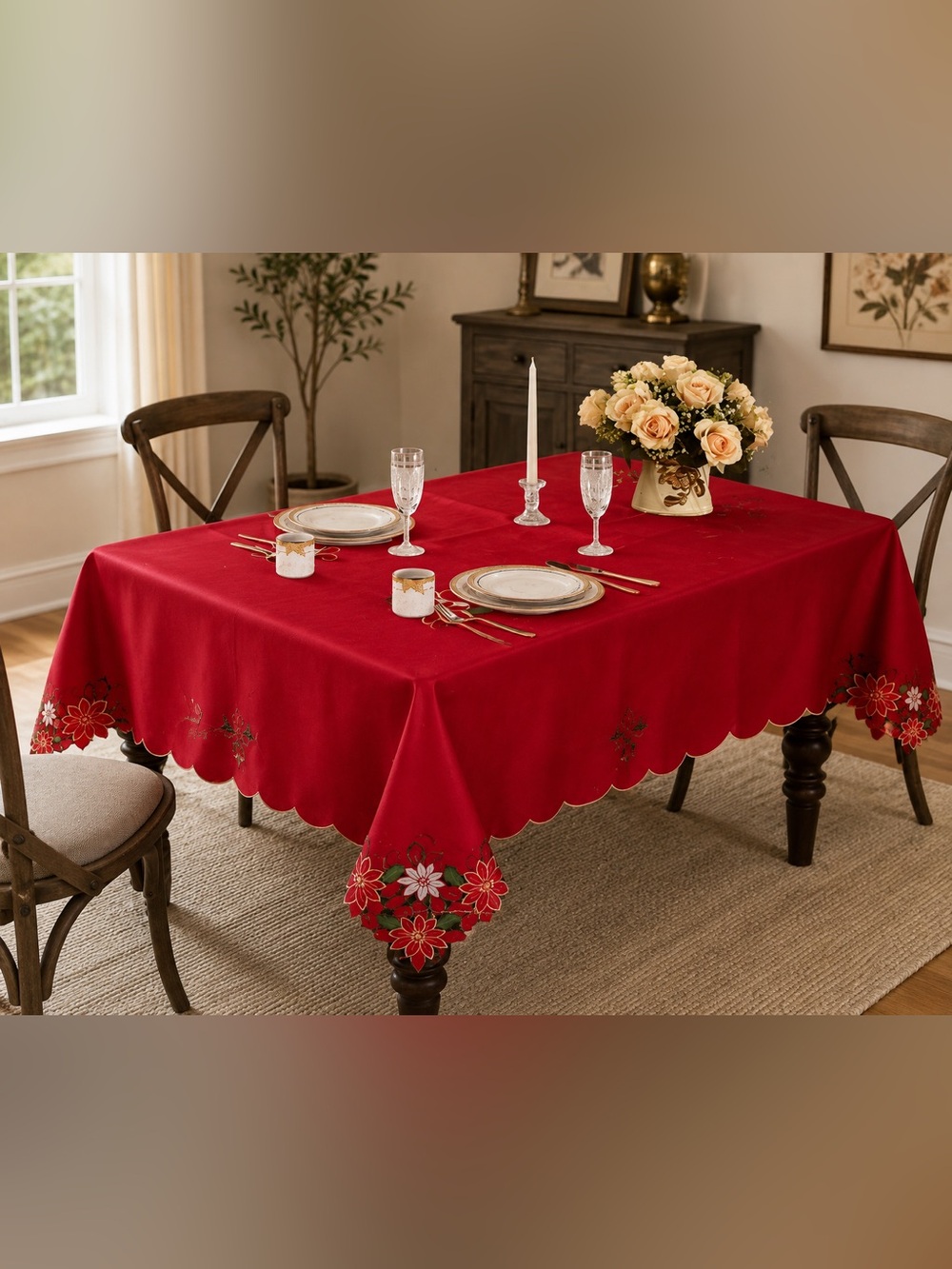 Classic Red Embroidered Holiday Tablecloth